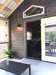 Front door to cabin open with fern next to it