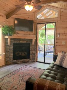 TV, propane fireplace, leather couch, outdoor conversation set, fern